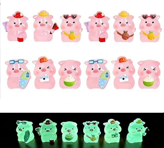12 Pcs Mini Pig Figurines Tiny Resin Luminous Animals Mini Resin Figures Little Plastic Animals Miniature Animal for Garden Aquarium Tabletop Dollhouse Landscape Birthday Party Decor DIY