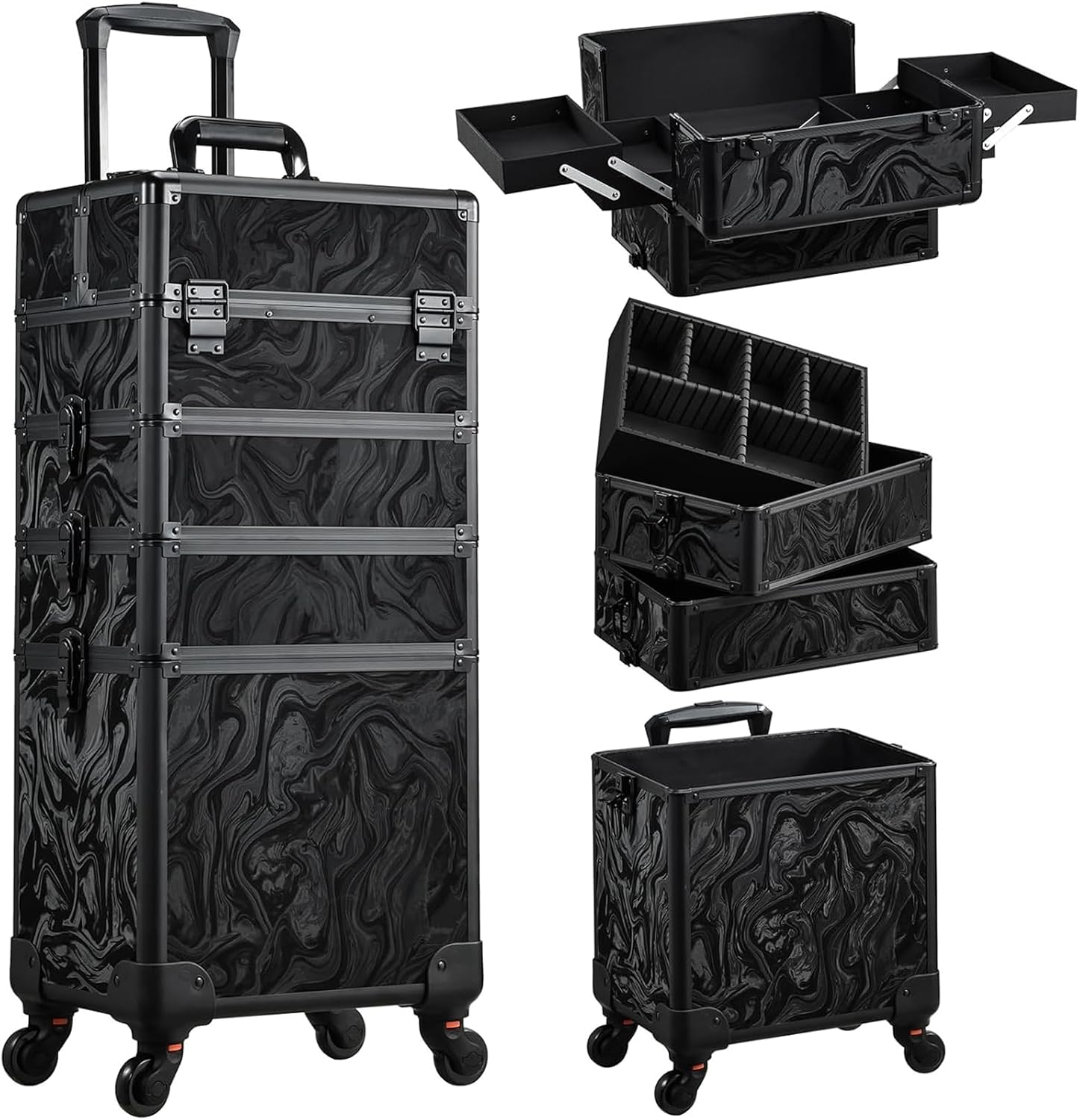 Stagiant 4-in-1 Makeup Trolley Vanity Case Makeup Case Make Up Box Organiser Storage Hairdressing Trolley on Wheels Nail Technician Polish Organiser Box, Alpine Black