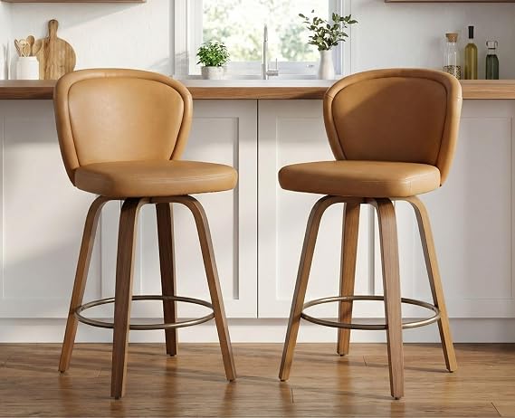 HNY Swivel Counter Height Bar Stools Set of 2, 26 Inch Barstools with Wanlut Wooden Leg and Back, Faux Leather Upholstered Counter Stools for Kitchen Island, Brown
