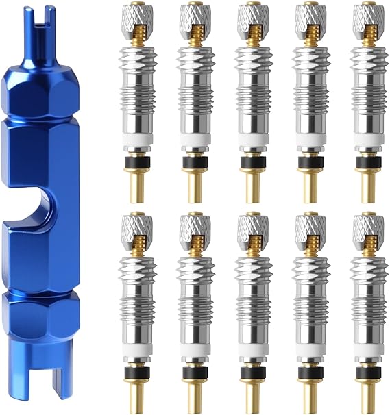 10pcs Presta Valve Core Set with Removal Tool, Brass Tubeless Presta Valve Cores for Road and MTB Bike Tires, Universal Replacement Kit with Valve Core Remover, Airtight Durable Easy to Install