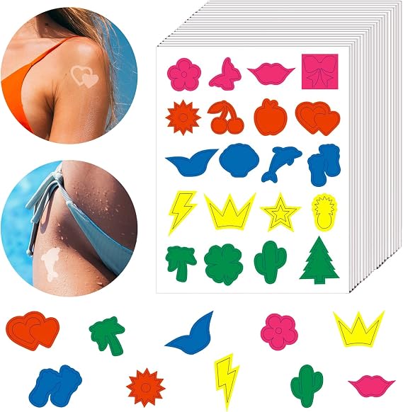 400 Pieces Tanning Stickers for Body, 20 Styles Tan Stickers Self Adhesive Sun Tattoo Sticker Heart Butterfly Dolphin Tanning Bed Accessories for Indoor Tanning Beds