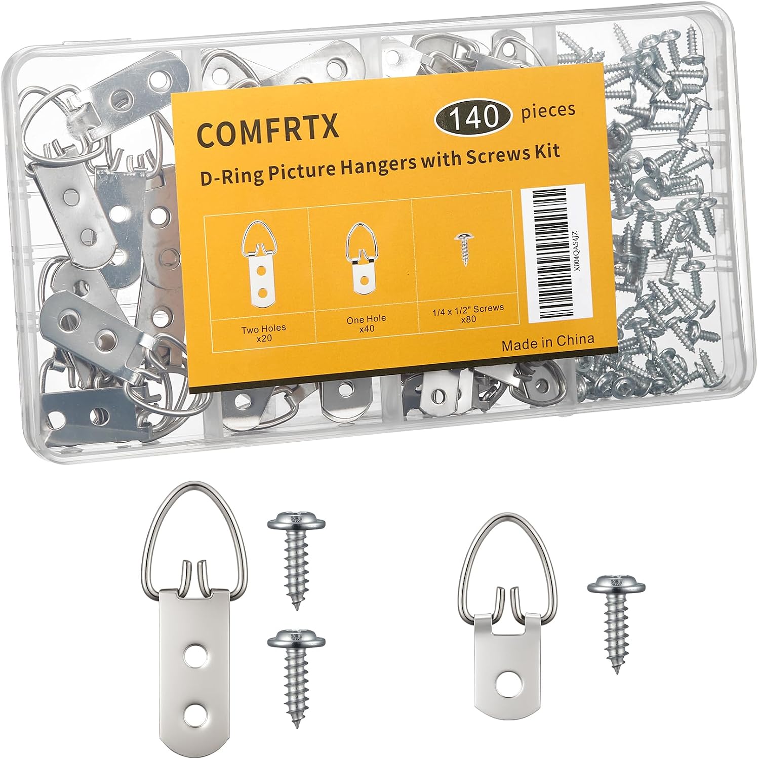 2 Sizes, 140PCS D-Ring Picture Hangers Kit – 40 Single Hole & 20 Double Hole Hangers with 80 Screws | Heavy Duty Wall Hooks for Frames, Mirrors, Canvas & More