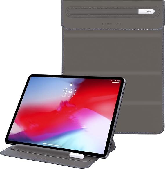 Olvera iPad Sleeve with Stand for New iPad 10.2, iPad 9.7, iPad Air 10.5, iPad Pro 11, iPad mini - Duo Tone Vegan Leather Trifold Stand Compatible with Apple Pencil Holder, Gray/Navy