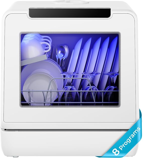 EUHOMY Countertop Dishwasher, 8 Programs with 5L Tank, White, 40 dB, 167F