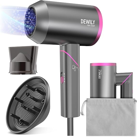 Travel Hair Dryer for Women Men-DEWILY Powerful Foldable Ironic Hairdryers | Small Fast Drying Blow Dryer for Curly Hair and Straight Hair with styling nozzle and diffuser