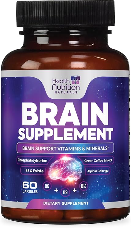 Brain Memory Supplement - 3X Strength Nootropics for Concentration, Clarity & Focus Support - Brain Health Cognitive Vitamins B6 & B12 with Phosphatidylserine & Folate, Brain Booster, 60 Capsules