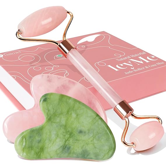 BAIMEI Rose Quartz Roller Set & Xiuyan Jade Gua Sha Face Massager Tool and Guasha Tool for Face