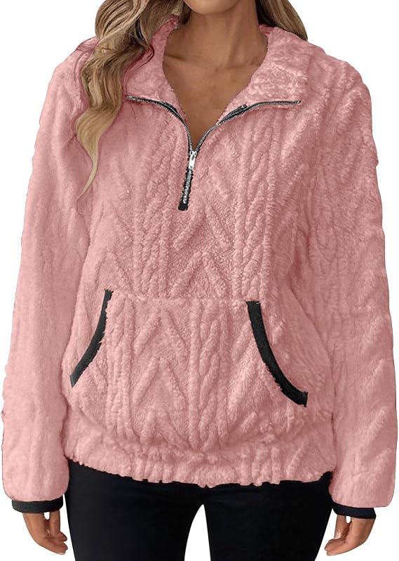 Quarter Zip Pullover Women Sherpa Fleece Half Zip Sweatshirts Cropped Hoodies Lapel Warm Fuzzy Sweaters with Pocket
