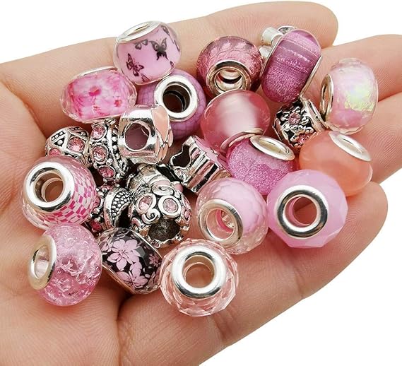 50pcs Assorted Pink Resin Imitation Glass European Large Hole Beads Rhinestone Metal Spacer Charms Bead Assortments for DIY Crafts Bracelets Necklaces Jewelry Making (M567-Pink)