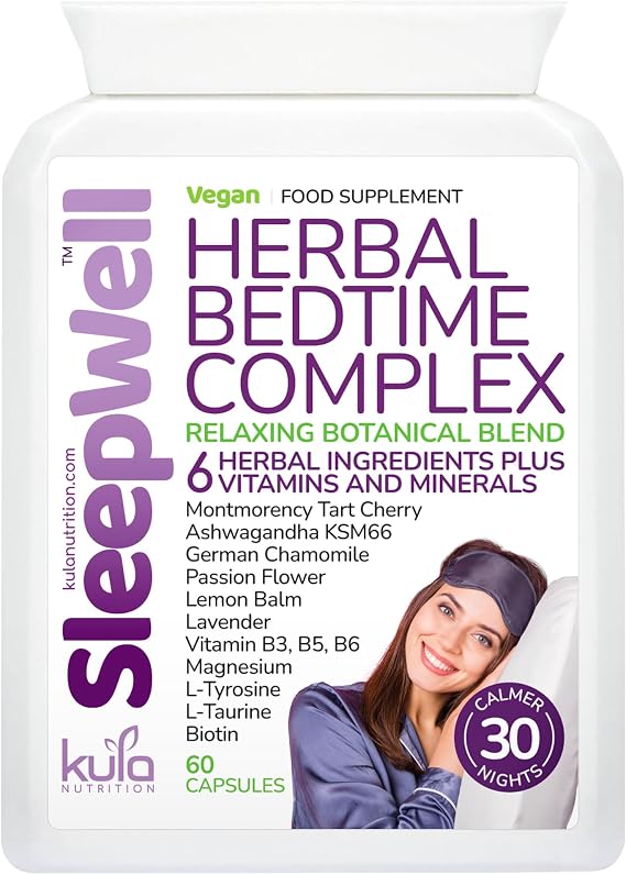 SleepWell - Natural Herbal Sleeping Tablets for Adults - 60 Vegan Capsules | Enjoy 30 Calm Nights - Magnesium Sleep Complex - Passion Flower, L-Tyrosine, Lemon Balm, Lavender, Chamomile, Vitamin B3 B5