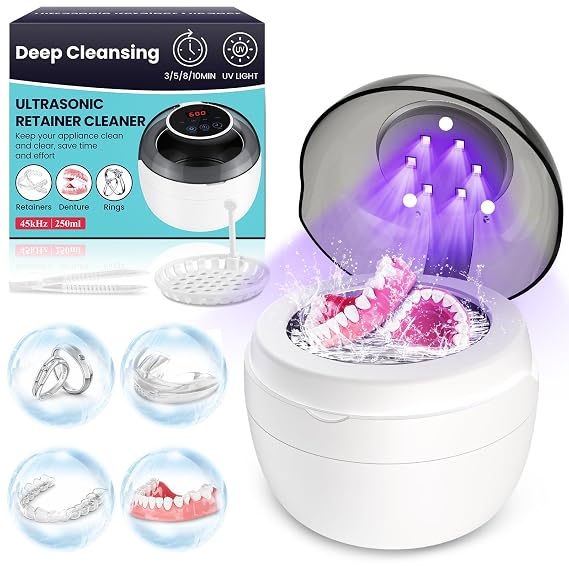 Ultrasonic Retainer Cleaner Machine, Denture Dome for Cleaning Dentures, Mouth Guard, Night Guard, Aligner, Jewelry, 45kHz 250ML UV Ultrasonic Denture cleaner Ultra Sonic Cleaner for Retainers
