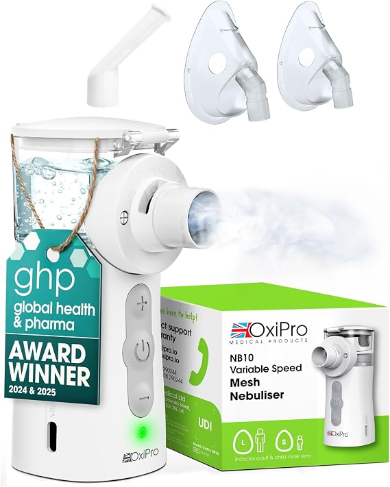 OxiPro NB10 Nebuliser - Health & Pharma Award Winner 2025 - Nebuliser Machine for Adults & Kids - Quiet 45dB Nebulizer - Ultra Fine 5 μm Nebulisation for Home Use - Masks for Adults & Kids