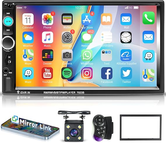 Hodozzy Double Din Car Stereo, 7 Inch Touch Screen Double Din Car Radio with Bluetooth, Mirror Link, FM Radio, AUX/USB/TF, Steering Wheel Control, 2 Din Car MP5 Player with Reversing Camera