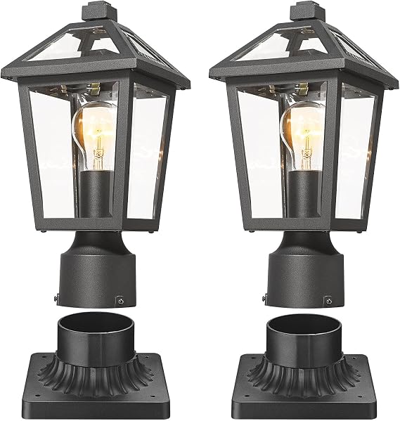 Outdoor Post Light + 3 inches Base Mount, Black Finish, Waterproof and Anti-Rust Aluminum, Outside Lighting for Walkway, Driveway, Patio, Porch