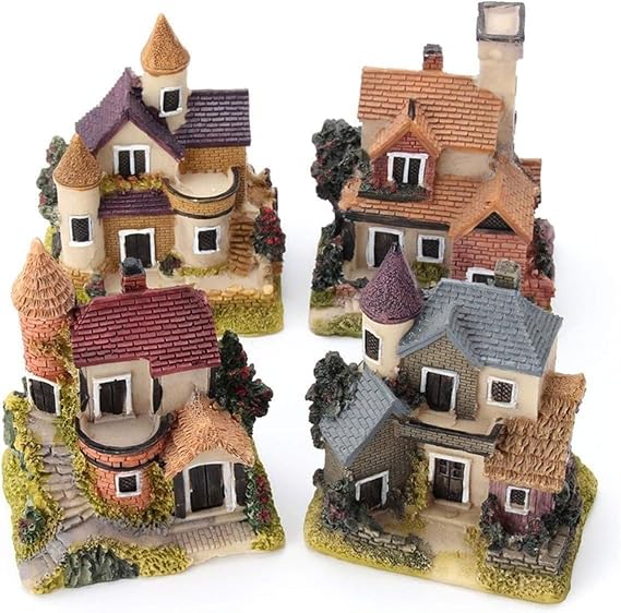4-Piece Enchanted Fairy Garden Houses Set, Resin Mini Decor | Hand-painted waterproof miniature homes, ideal for bonsai, terrarium & outdoor fairy garden decor;tiny houses for crafts