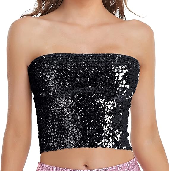 Womens Sparkly Sequin Mermaid Crop Tops, Strapless Metallic Tube Tops for Party Clubwear