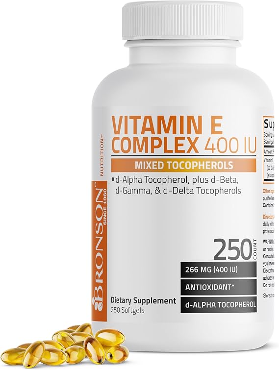 Bronson Vitamin E Complex 400 I.U. Supplement (d-Alpha Tocopherol Plus d-Beta, d-Gamma, d-Delta Tocopherols), Antioxidant, 250 Softgels