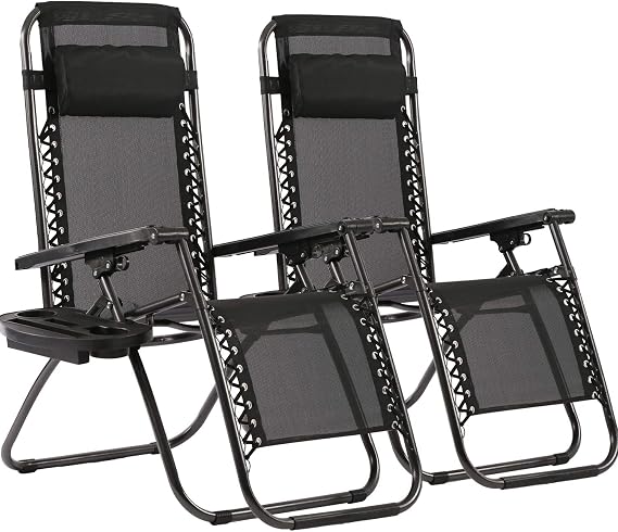 FDW | Zero Gravity Foldable Chair | Black | 250lbs Load Capacity | Set of 2 | Portable | Adjustable Reclining Chair with 2 Cup Holders, Phone & Tablet Mount, Non-Slip Footrest | For Patio, Beach, Pool