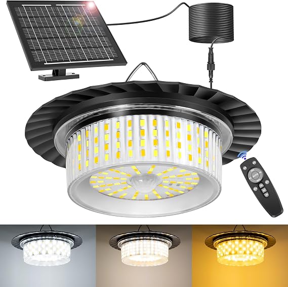 Solar Shed Light Indoor Outdoor, Upgrade Pendant Light 244 LED Three Colors 360 Lighting with Motion Sensor, Waterproof Solar Lights with 3 Modes, Remote & Timer for Shed Gazebo Garage Barn
