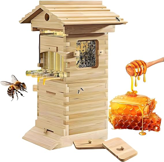 Self-Flow Hive Beehive Starter Kit,Flow Hive Beehive Starter Kit， with Observation Window & Honey Spout, with 4 Frames & 6 Trays for Garden Pollinators, Beginner-Friendly
