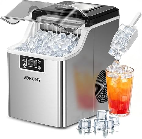 EUHOMY Ice Cube Maker Machine Countertop, 45Lbs/Day, 24Pcs Cubes/13 Mins | 2 Ways to Add Water, Self-Cleaning Square Ice Maker with Scoop & Basket, for Home/Kitchen/Office/Bar, Silver