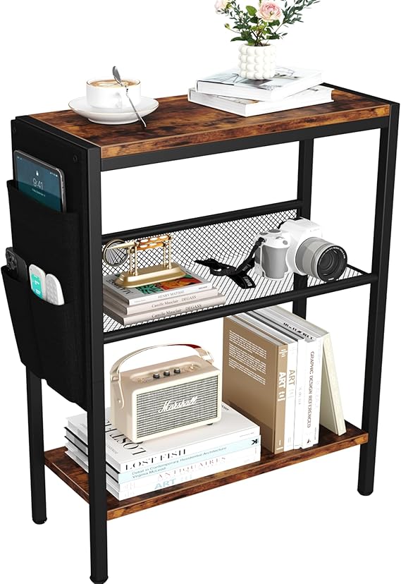 Yusong Small Narrow Side Table for Small Spaces, Slim End Table with Storage Bag, Sofa Snack Table with Adjustable Metal Mesh, 3 Tier Accent Skinny Beside Table for Living Room & Bedroom, Rustic Brown