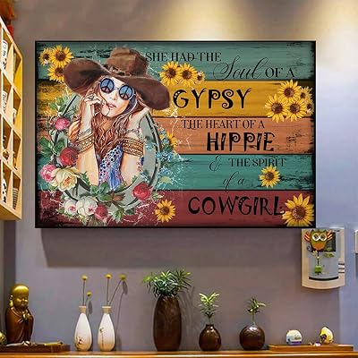 Curteny Vintage Metal Tin Sign She Had The Soul of Gypsy Hippie Cowgirl Poster Vintage Retro Tin Sign Poster Vintage Metal Signs for Bar Music Club Man Cave Room Wall Decor 12x16 Inch