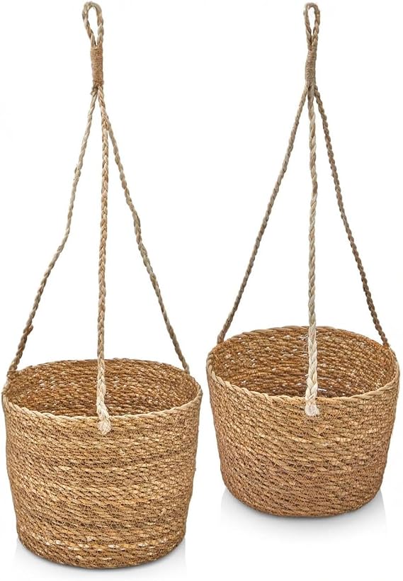Deconox 2'li Asılabilir El Yapımı ve Doğal Yuvarlak Hasır Saksılık Seti, 2'li İpli Asılabilir Hasır Yuvarlak Saksı Seti (23cm*18cm-20cm*15cm)