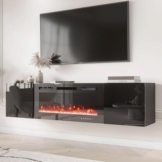 EROMMY 70'' Wall Mounted Floating TV Stand with 36'' Electric Fireplace, High Gloss Entertainment Center with Storage, 12 Flame Color Heater for TVs Up to 80'', All Black TV Console for Living Room