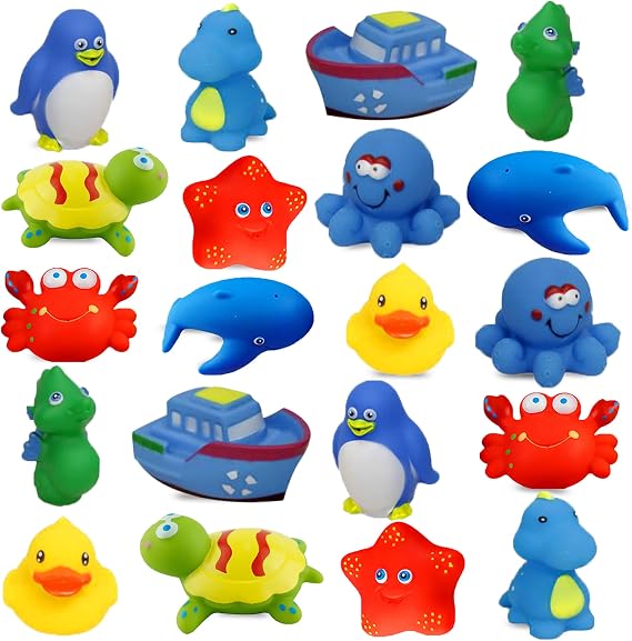 Dimple Bath Toys Set of 20 Vinyl Non-Toxic Floating Ocean Sea Animal Bathtub Toy, Assorted Colors and Shapes, Squeeze to Spray! Tons of Fun, Great for Kids and Toddlers