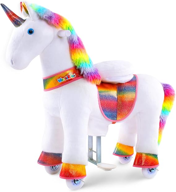 WondeRides Unicorn Ride On Toy for Girls, Rainbow Riding Pony, Ages 3-5 | 30.1 Inch Height, Plush Unicorn, Battery-Free, Smooth-Rolling Wheels, Steel Frame, Non-Slip Pedals, Indoor Outdoor