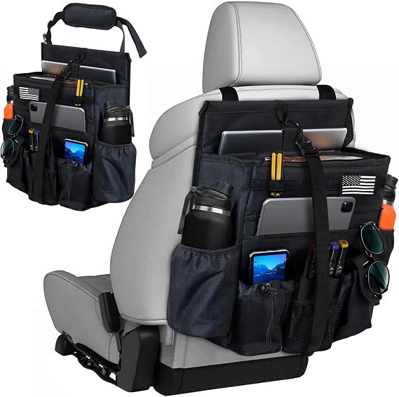 Front & Seat back organizer with 15.6 IN laptop storage stabilizers