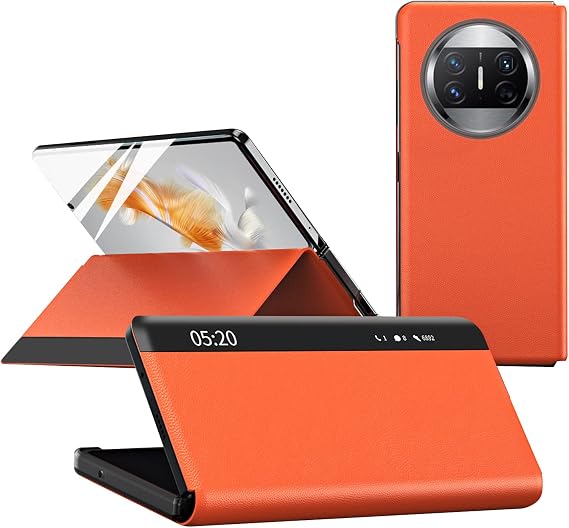 Case for Huawei Mate X3, Leather Case with Kickstand, Window View Function and Smart Hibernation Flip Shockproof Frosted Protective Cover,Orange