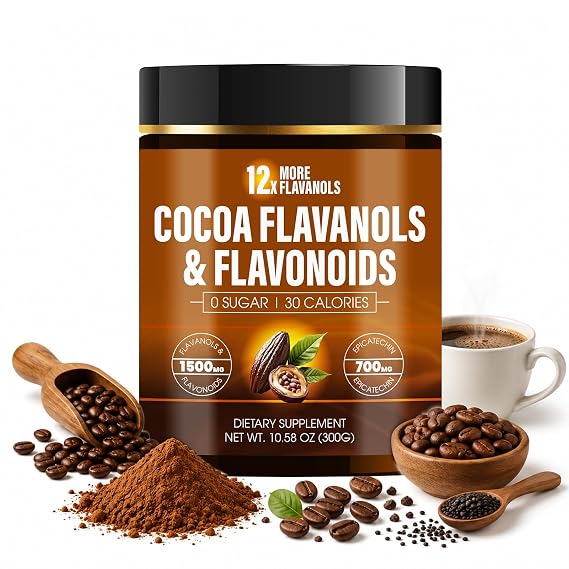 High Flavanol Cocoa Powder, Cocoa Flavanols 1500mg and 700mg Epicatechin with Theobromine, Circulation & Antioxidant Support Unsweetened, Smooth & Rich Taste (1)