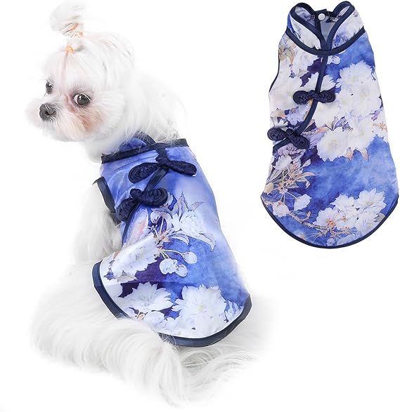 Pet Chinese Style Peony Dress, Dog Elegant Cheongsam Skirt, Retro Floral Print Pet Clothing, Soft Cotton Dog Costume with Delicate Buttons, Comfortable Outfit for Small Medi (L)