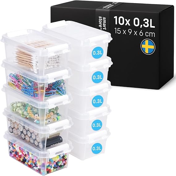SmartStore - 10x Small Plastic Storage Box with Lid 0.3L (15x9x6cm) |Storage Drawers|Food-Safe Material| Tiny Organisation|BPA-Free|Durable Mini Container for Home & Office|