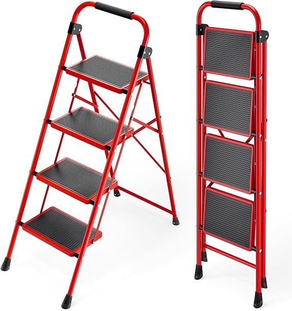 KINGRACK Step Ladder, 4 Step Folding Ladder with Handrails | Heavy Duty Steel Stool Sturdy Collapsible Portable Ladder with Anti-Slip Wide Pedal, Red
