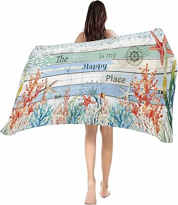 Beach Towels-Absorbent Quick Dry Pool Towel 31x62in,Nautical Starfish Coral Fish on Stamp Wooden Sand Free Oversized Large Bath Towel Soft Blanket for Swim Travel Camping,Marine Creature Theme