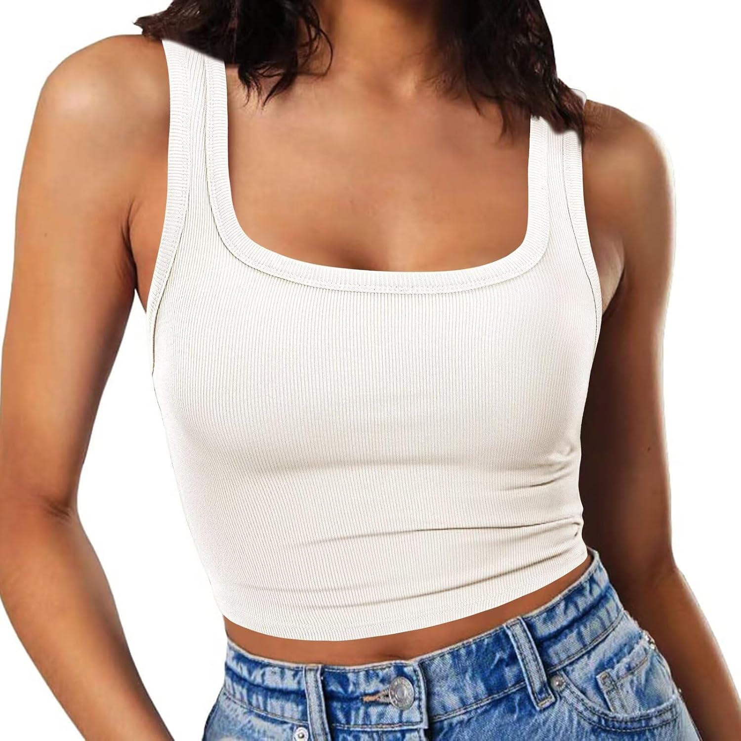 RIROW Womens Sleeveless Tank Top Slim Fit Square Neck Ribbed Basic Top