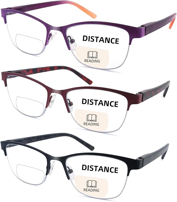 3 Pack Bifocal Reading Glasses for Women Men Bi-Focal Readers Metal Half Frame Spring Hinge Dual Focal Eyewear(Multicolor, +1.00)