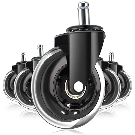 Office Chair Wheels - 5 pcs Chair Casters - Wheels for Office Chairs - Durable and Sturdy Bearings - Polyurethane Coating for Smooth and Silent Rolling - All Floor Types - Universal Design