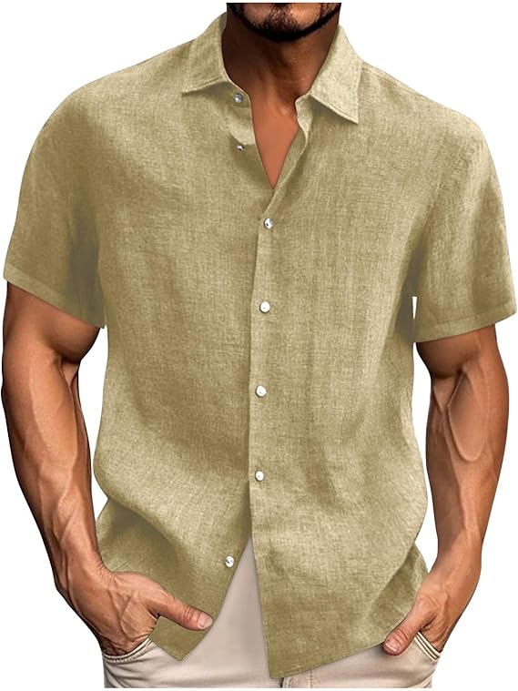 Mens Casual Shirts Loose Button Down Lapel Short Sleeve Shirt Casual Solid Cotton Linen T-Shirt Retro Pullover
