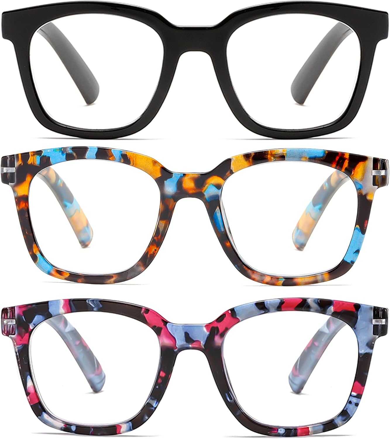 3 Pack Oprah Style Reading Glasses for Women Blue Light Blocking Square Readers, Anti GlareEyestrain Spring Hinge