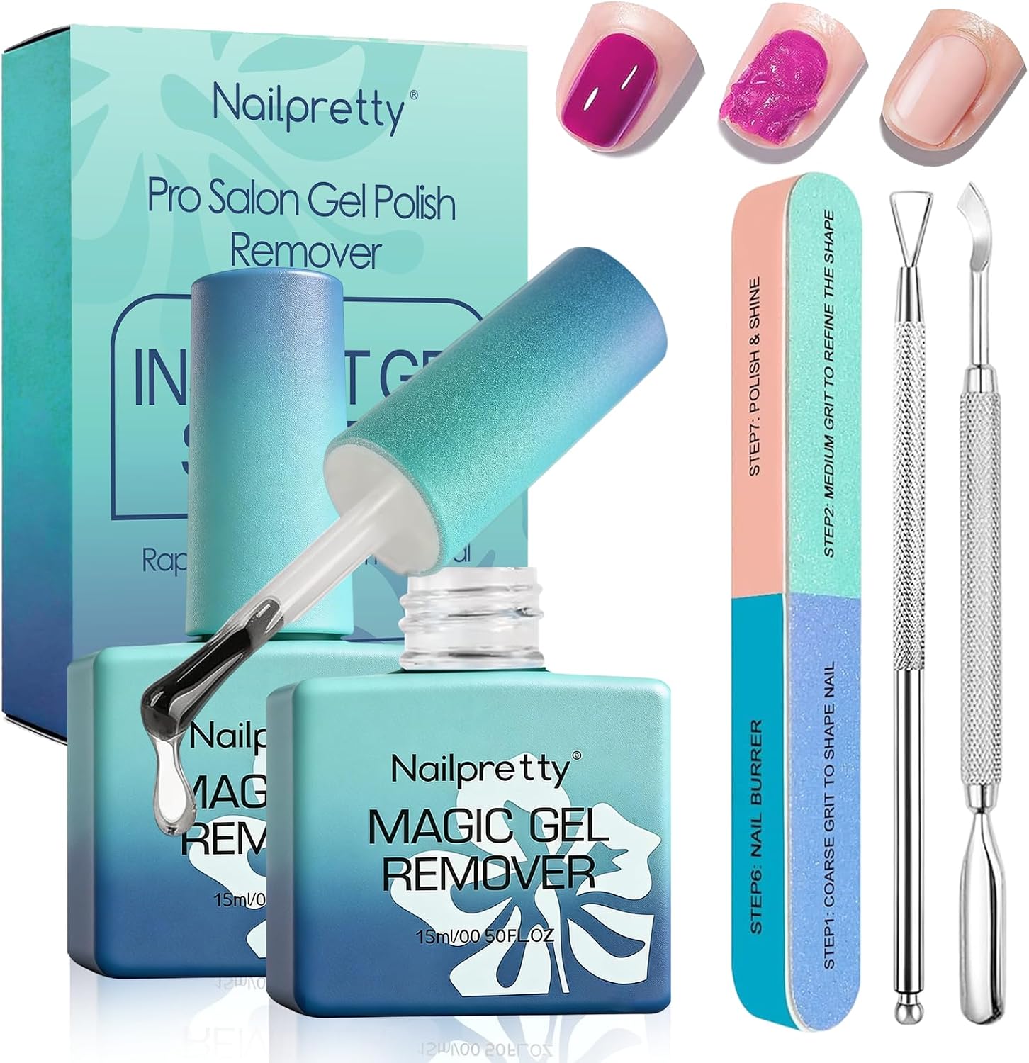 2 x 15 ml Gel Nail Polish Remover Kit, Gel Polish Remover for Nails, Removes Gels Nail Polish within 3-5 Minutes, Easy Quick Remove, No Soaking or Wrapping Needed