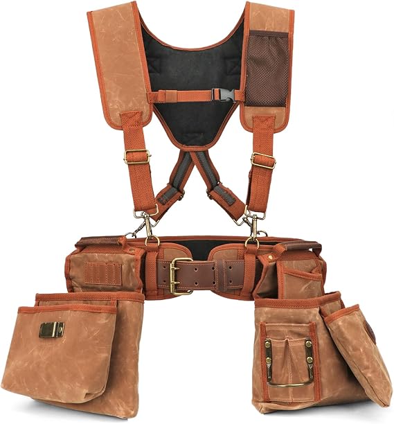 Waxed Canvas Tool Belt with Suspenders Detachable Electrician Tool Pouches