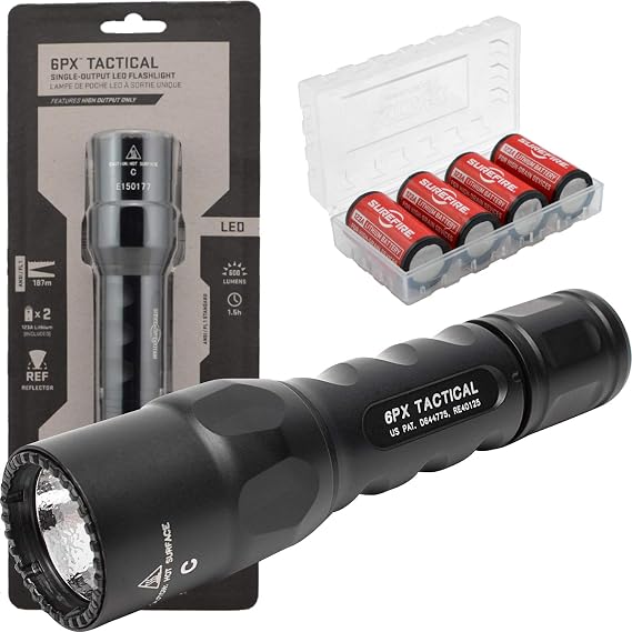 SureFire 6PX Tactical 600 Lumen EDC Flashlight Bundle with 4x Extra SureFire CR123A Batteries and Lightjunction Battery Case