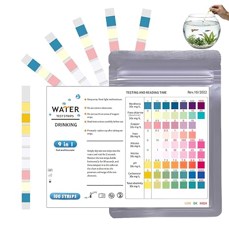 100-Pack 9-in-1 Aquarium Test Strips, Water Testing Kits for Drinking Water, Accurate Aquarium Water Test Kits for Nitrite, Nitrate, pH, Hardness, Chlorine, Iron, Copper, Carbonate & Alkalinity