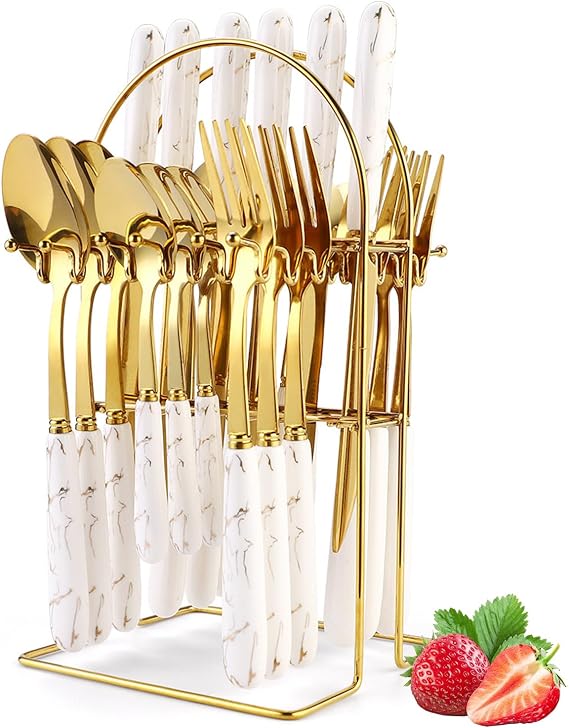 24 Pieces Flatware Set, Stainless Steel Cutlery Set with Silverware Holder, Modern Gold Silverware Set Includes Dinner Knives Forks Spoons,Hanging Silverware Set Service for 6 (White Gold)