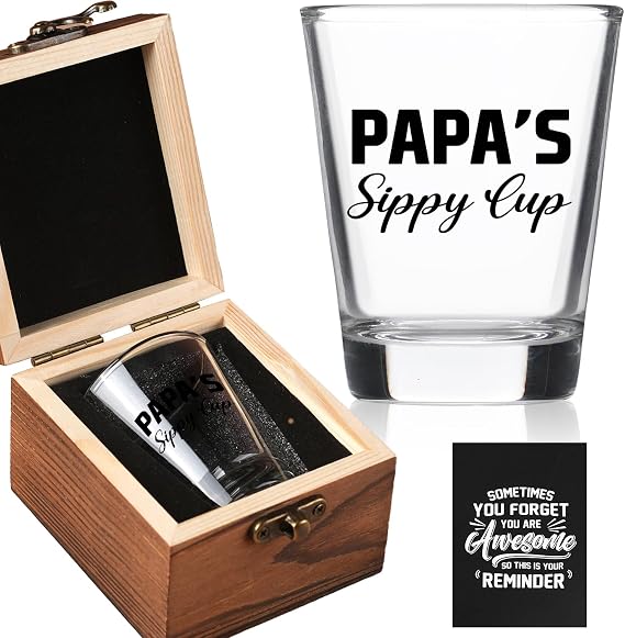 Ithmahco Papa Father Day Gift, Papa Juice Shot Glass with Wooden Box - Cool Father Day Gifts For Papas, Best Papaw Gifts