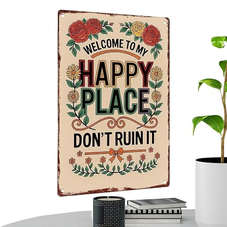 Happy Place Sign - ヴィンテージフローラルホームデコレーション | メタルウェルカムウォールアート - 寝室 リビングルーム ポーチ 中庭 ファームハウス フェンス ガーデン用